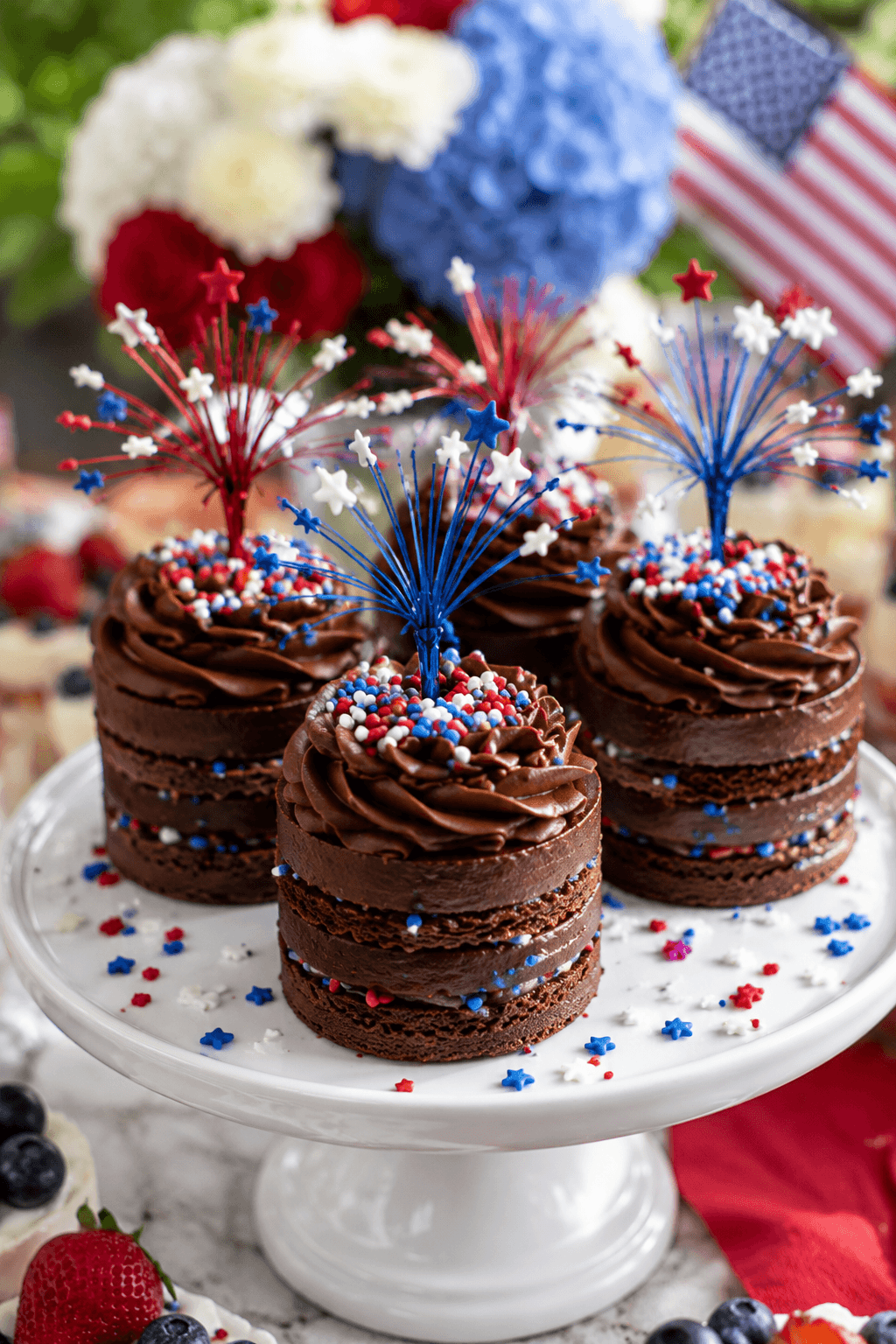 Mini chocolate layer cakes topped with patriotic sprinkles and festive decorations