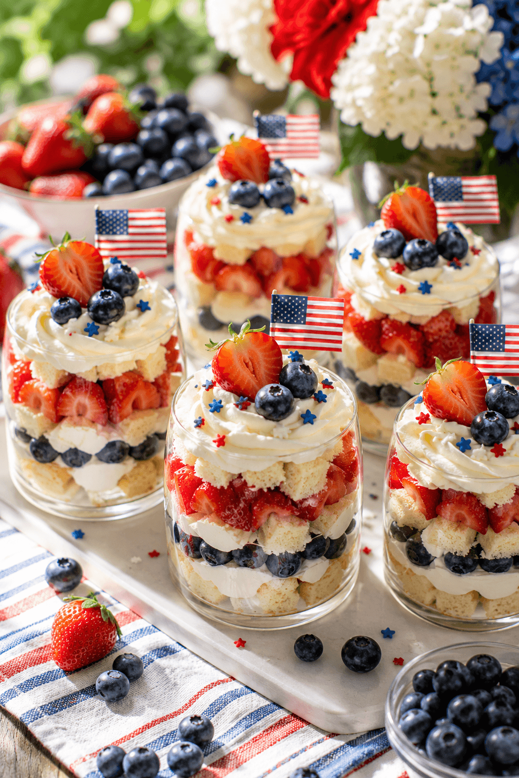 Berry shortcake trifles layered in clear dessert glasses