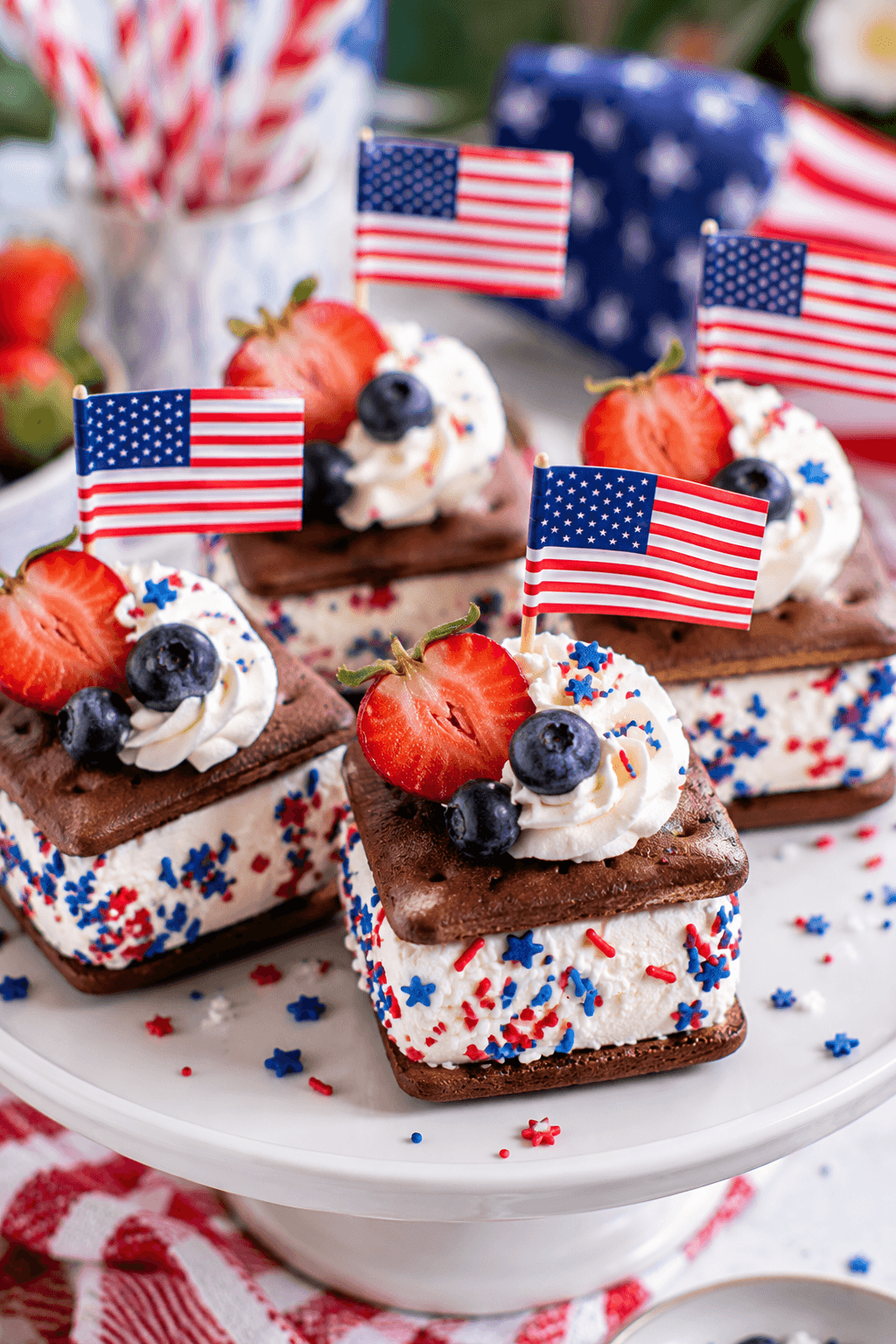 Mini ice cream sandwich cakes decorated with whipped cream and berries