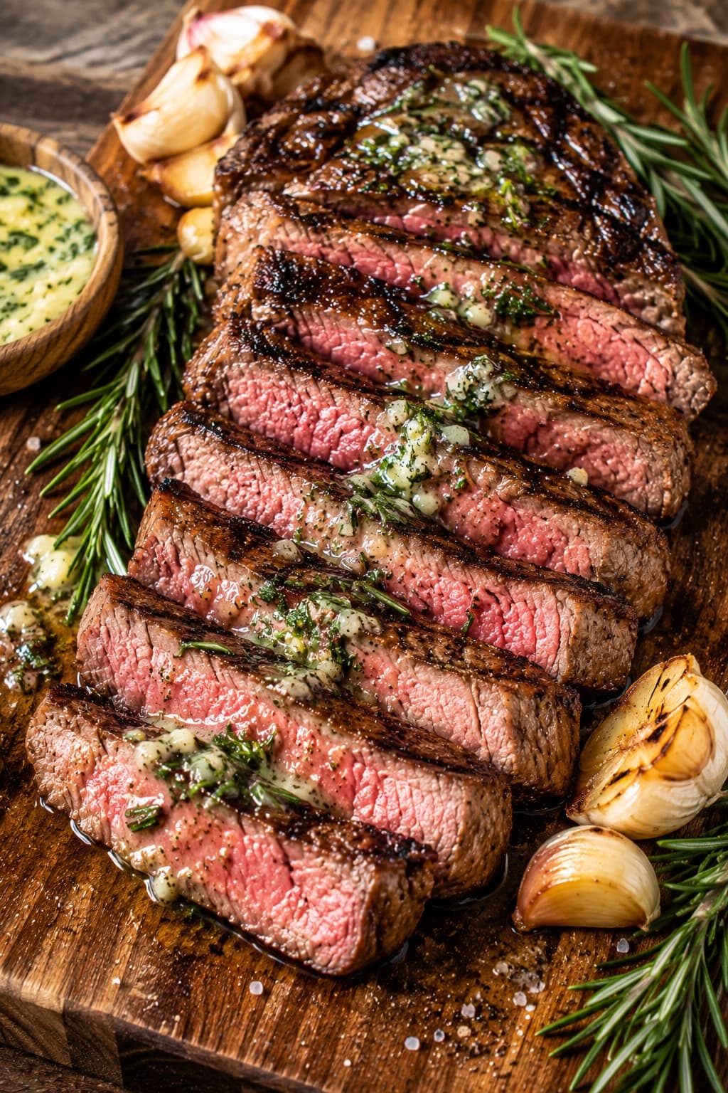 Sliced garlic butter rosemary grilled steak